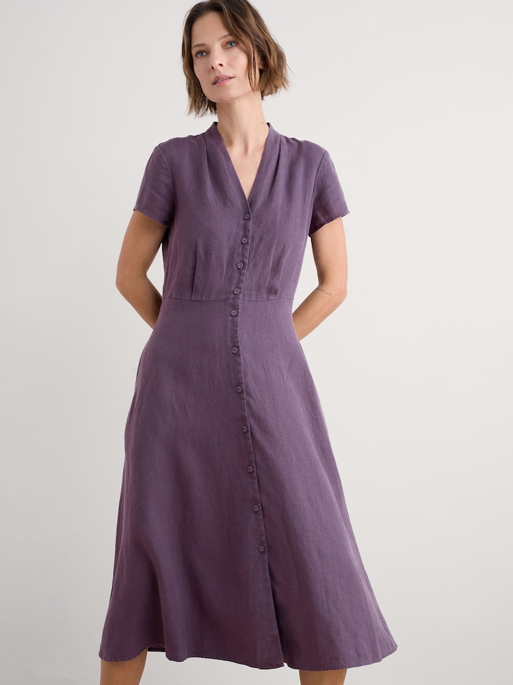 Seasalt Cornwall Purple Carved Wood Midi 	100% Linen Dress - Image 1 of 5