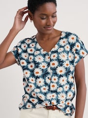 Seasalt Cornwall Blue Studio Glass V-Neck Jersey 100% Cotton Top - Image 1 of 5