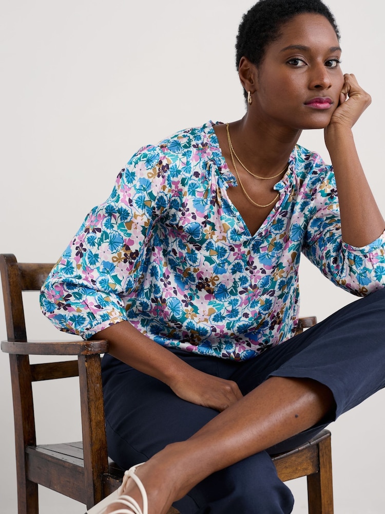 Seasalt Cornwall Coral Blue Multi Flower Weave Satin Frill Neck Print  Blouse - Image 1 of 5