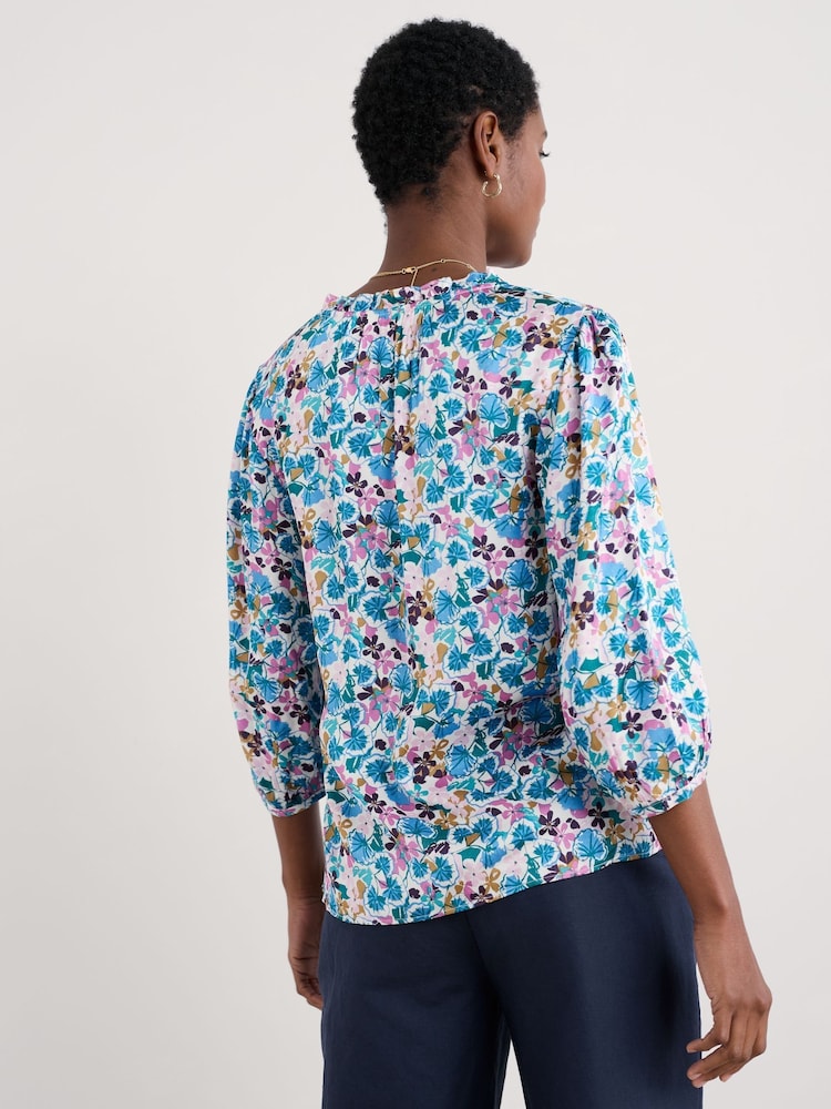 Seasalt Cornwall Coral Blue Multi Flower Weave Satin Frill Neck Print  Blouse - Image 2 of 5