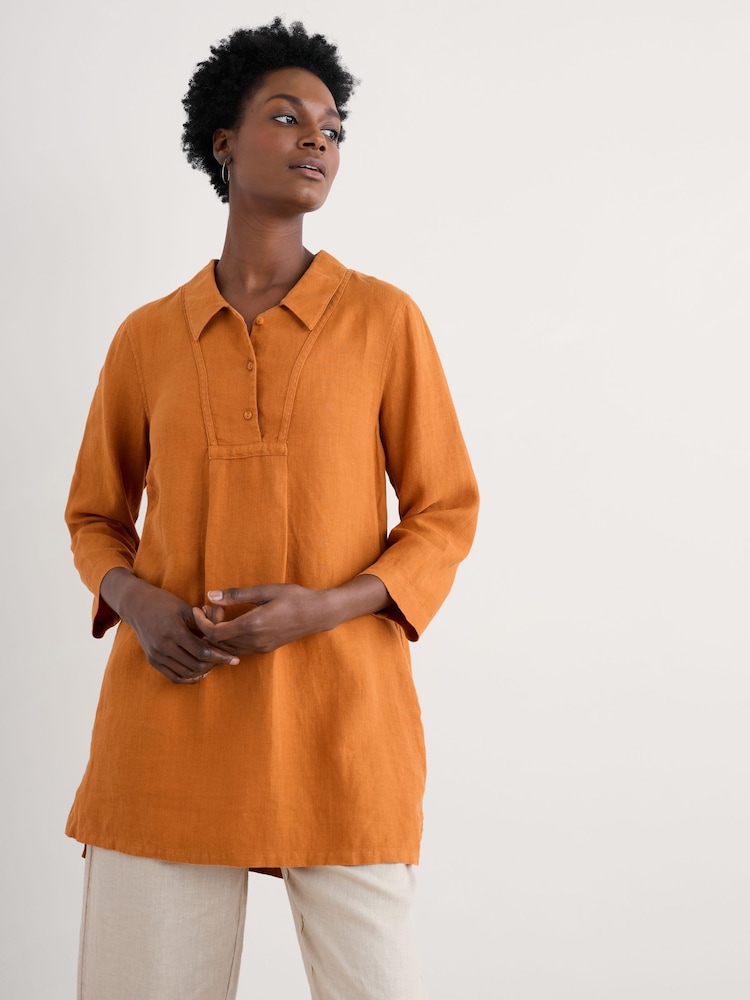 Seasalt Cornwall Yellow Tide Clock 3/4 Sleeve 100% Linen Tunic - Image 1 of 5