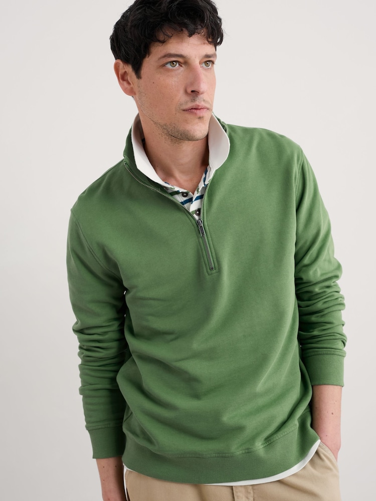 Seasalt Cornwall Green Mens Wood Moss Quarter Zip 100% Cotton Sweatshirt - Image 1 of 5 Seasalt Cornwall Green Mens Wood Moss Quarter Zip 100% Cotton Sweatshirt - Image 1 of 5