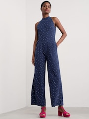 Seasalt Cornwall Blue Belyars Jersey Tie Neck Jumpsuit - Image 8 of 10