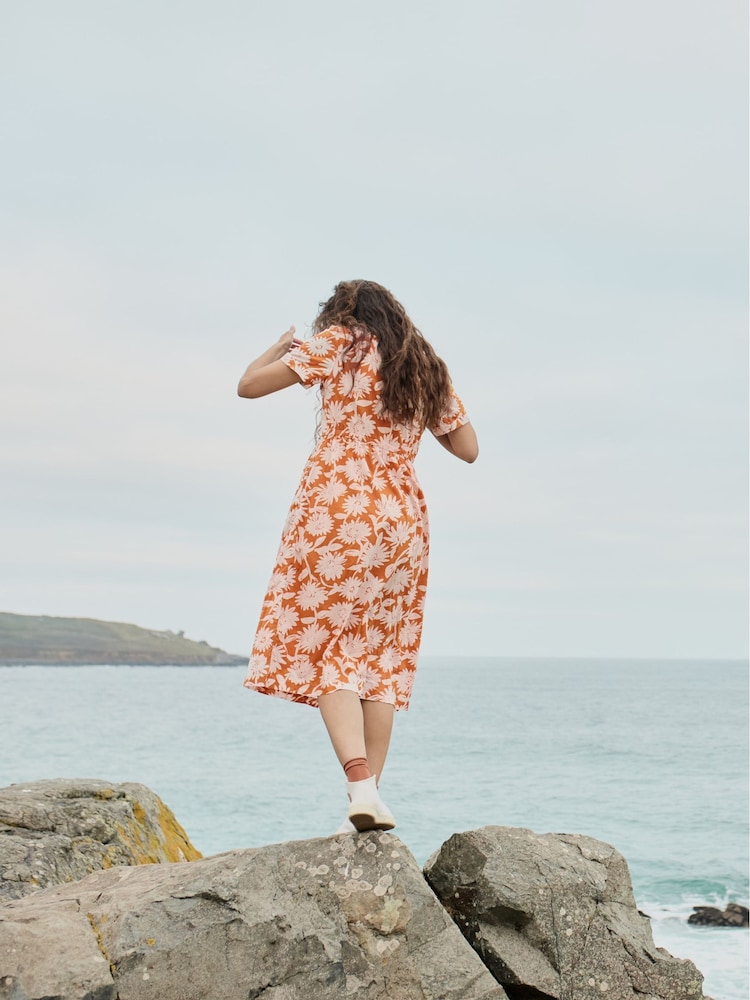 Seasalt Cornwall Orange 100% Cotton Fleet Checked Midi Dress - Image 2 of 4