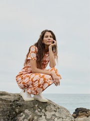 Seasalt Cornwall Orange 100% Cotton Fleet Checked Midi Dress - Image 4 of 4