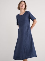 Seasalt Cornwall Blue Petite Grass Wave 100% Linen Midi Dress - Image 1 of 5