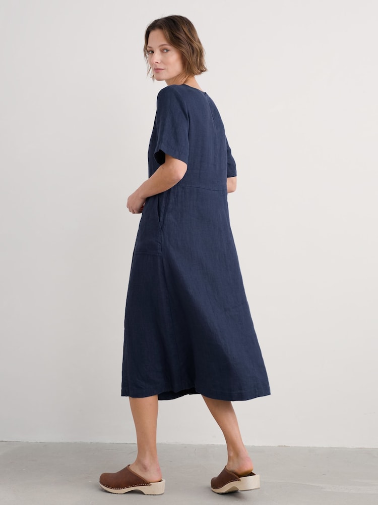 Seasalt Cornwall Blue Petite Grass Wave 100% Linen Midi Dress - Image 2 of 5