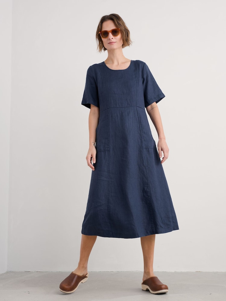 Seasalt Cornwall Blue Petite Grass Wave 100% Linen Midi Dress - Image 3 of 5