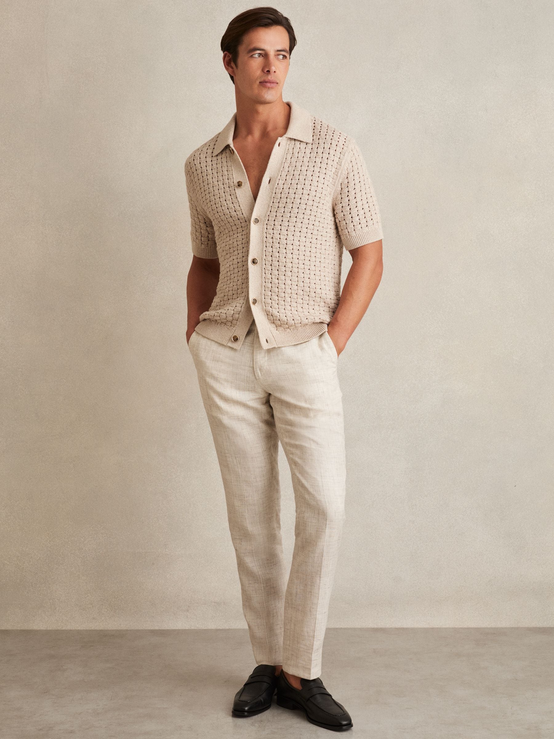 Buy Reiss Stone Toby Basketweave Knit Button Through Cotton Blend