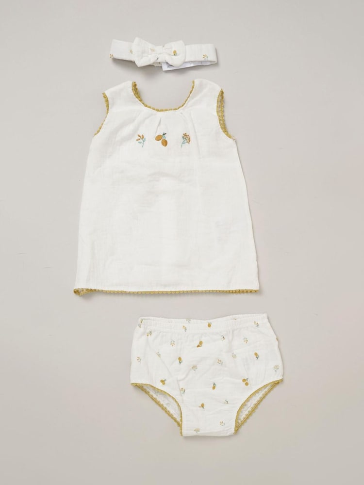 Rock-A-Bye Baby Boutique Printed 100% Cotton  White Dress, Knickers and Headband Outfit Set - Image 1 of 5