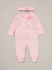 Rock-A-Bye Baby Boutique Pink Ribbon Detail All-In-One and Headband Outfit Set - Image 1 of 3