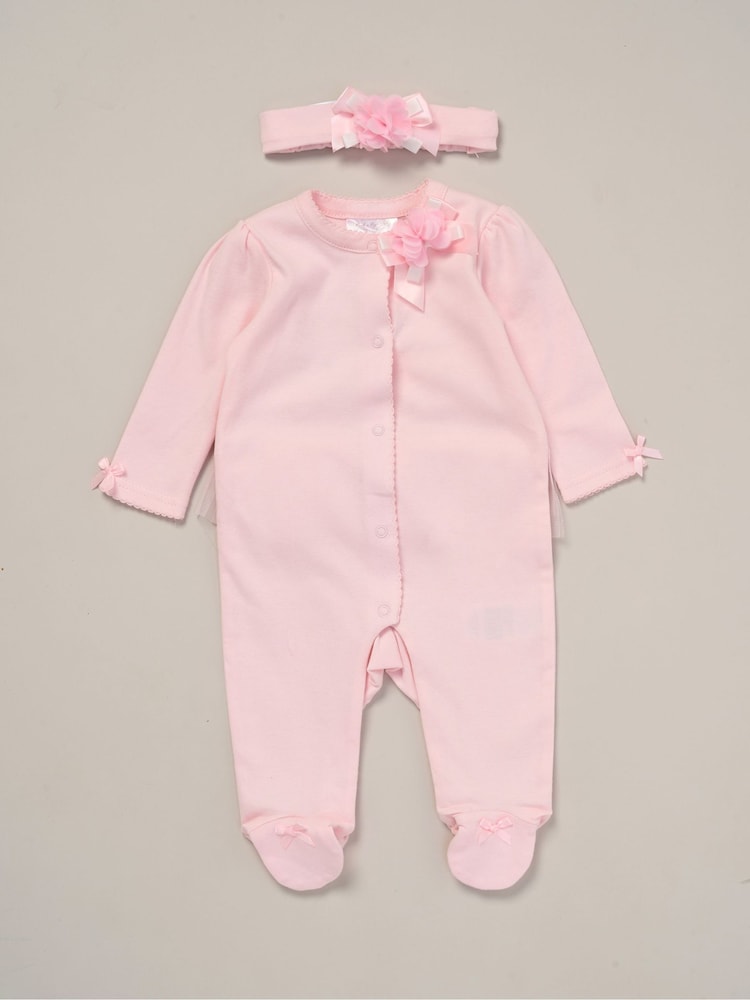 Rock-A-Bye Baby Boutique Pink Ribbon Detail All-In-One and Headband Outfit Set - Image 1 of 3