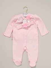 Rock-A-Bye Baby Boutique Pink Ribbon Detail All-In-One and Headband Outfit Set - Image 2 of 3