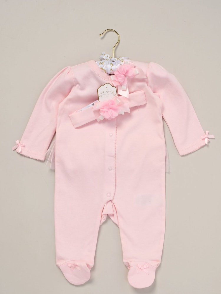 Rock-A-Bye Baby Boutique Pink Ribbon Detail All-In-One and Headband Outfit Set - Image 2 of 3