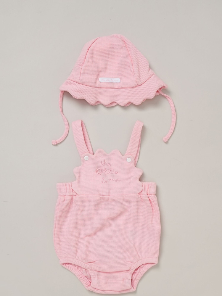 Rock-A-Bye Baby Boutique Pink Waffle 100% Cotton Romper and Sun Hat Outfit Set - Image 1 of 5