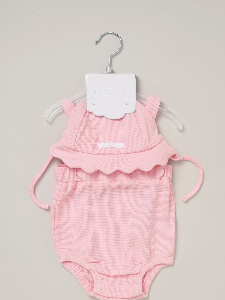 Rock-A-Bye Baby Boutique Pink Waffle 100% Cotton Romper and Sun Hat Outfit Set - Image 3 of 5