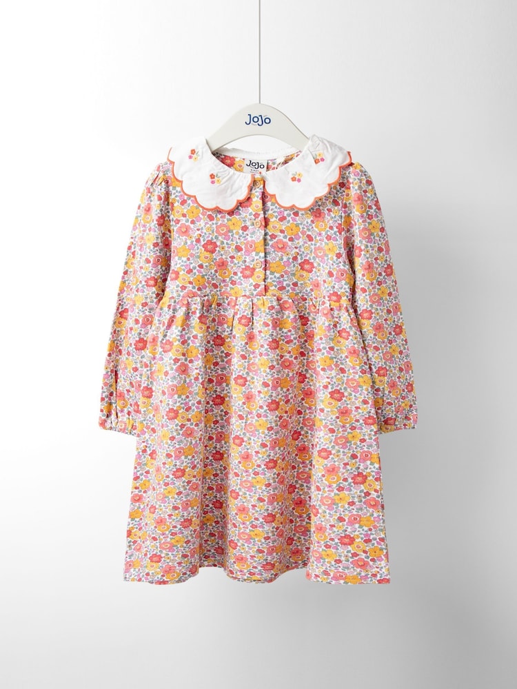 JoJo Maman Bébé Orange Embroidered Collar Button Front Dress - Image 1 of 3