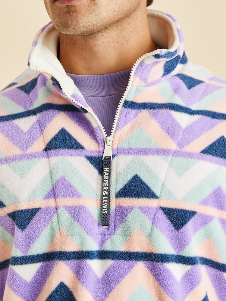 Harper & Lewis Cream & Navy Raver Retro Pattern 1/4 Zip Fleece - Image 4 of 4