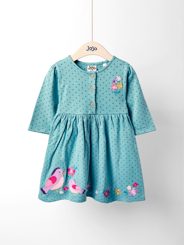 JoJo Maman Bébé Green Bird Button Front Appliqué Dress - Image 1 of 4 JoJo Maman Bébé Green Bird Button Front Appliqué Dress - Image 1 of 4