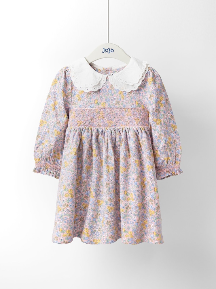 JoJo Maman Bébé Pink Light Ditsy Floral Smocked Jersey Dress - Image 1 of 4