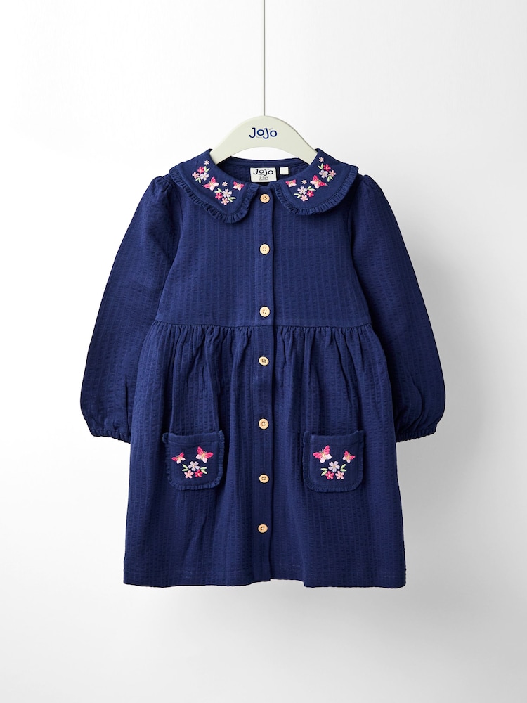 JoJo Maman Bébé Blue Embroidered Seersucker Collared Dress - Image 1 of 4