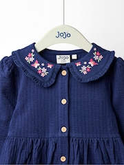 JoJo Maman Bébé Blue Embroidered Seersucker Collared Dress - Image 3 of 4