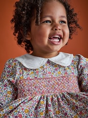 JoJo Maman Bébé Mustard Yellow Autumn Ditsy Floral Smocked Jersey Dress - Image 9 of 10
