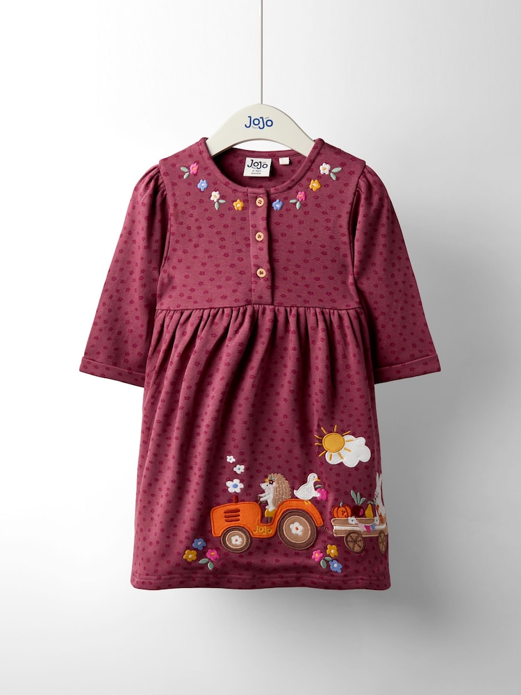 JoJo Maman Bébé Plum Purple Tractor Friends Button Front Appliqué Dress - Image 1 of 6 JoJo Maman Bébé Plum Purple Tractor Friends Button Front Appliqué Dress - Image 1 of 6