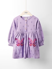 JoJo Maman Bébé Purple Drop Shoulder Appliqué Dress - Image 1 of 3