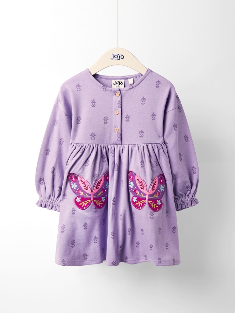 JoJo Maman Bébé Purple Drop Shoulder Appliqué Dress - Image 1 of 3