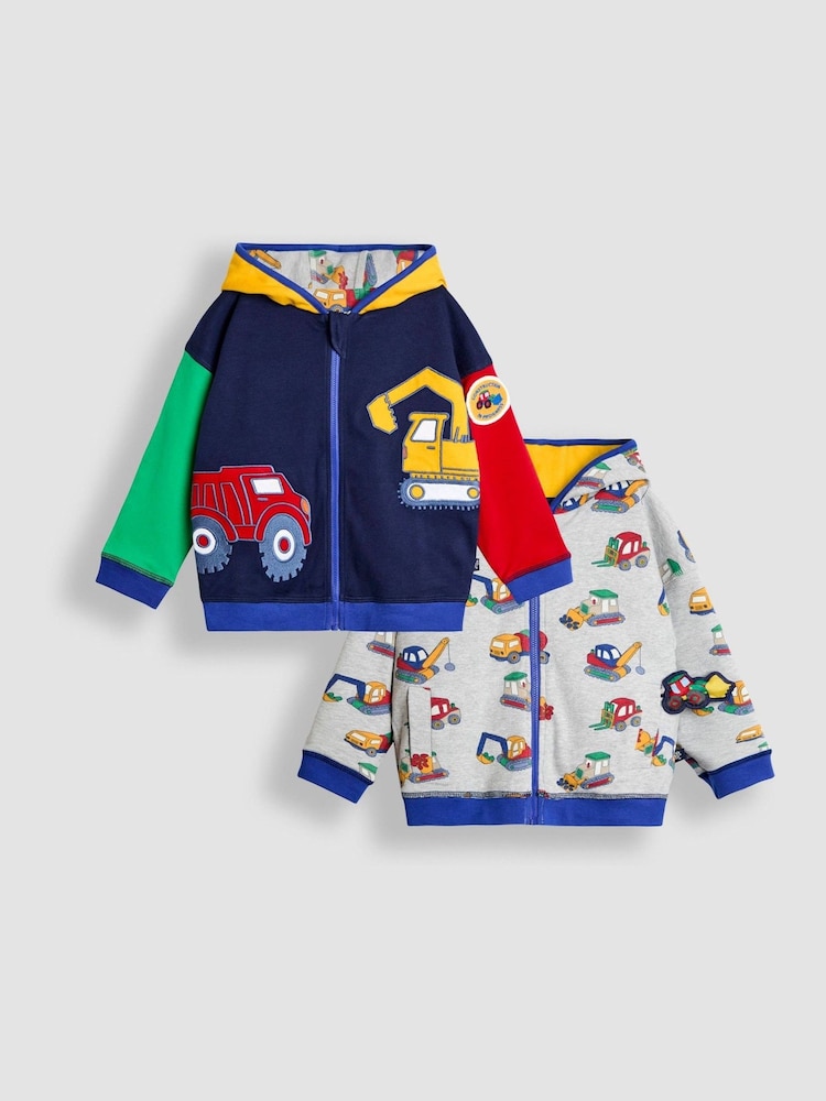 JoJo Maman Bébé Navy Blue Construction Colour Block Appliqué Reversible Hoodie - Image 1 of 9 JoJo Maman Bébé Navy Blue Construction Colour Block Appliqué Reversible Hoodie - Image 1 of 9