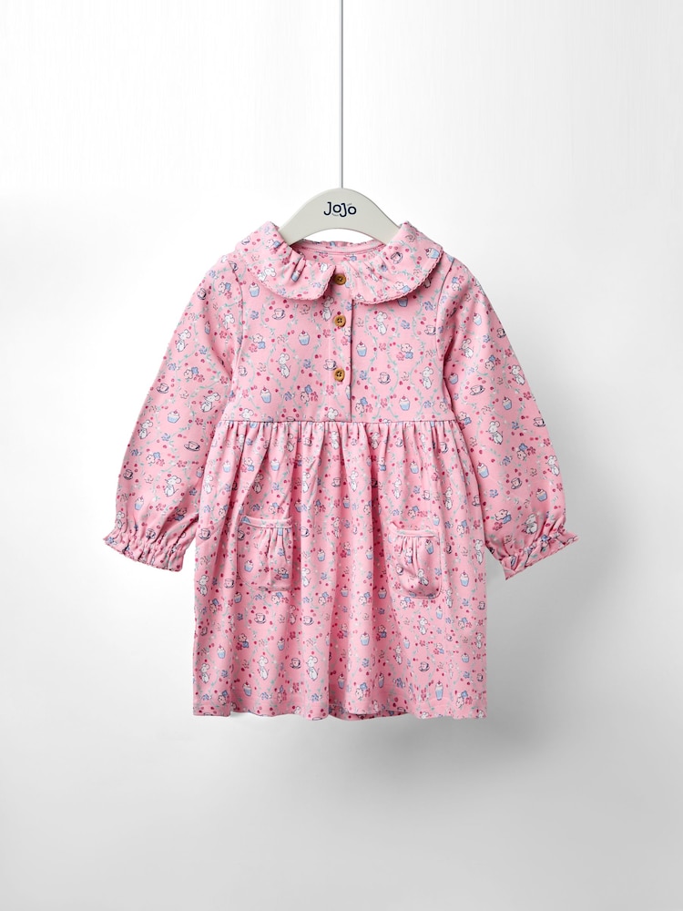 JoJo Maman Bébé Pink Mouse Tea Party Button Front Frill Collar Dress - Image 1 of 4