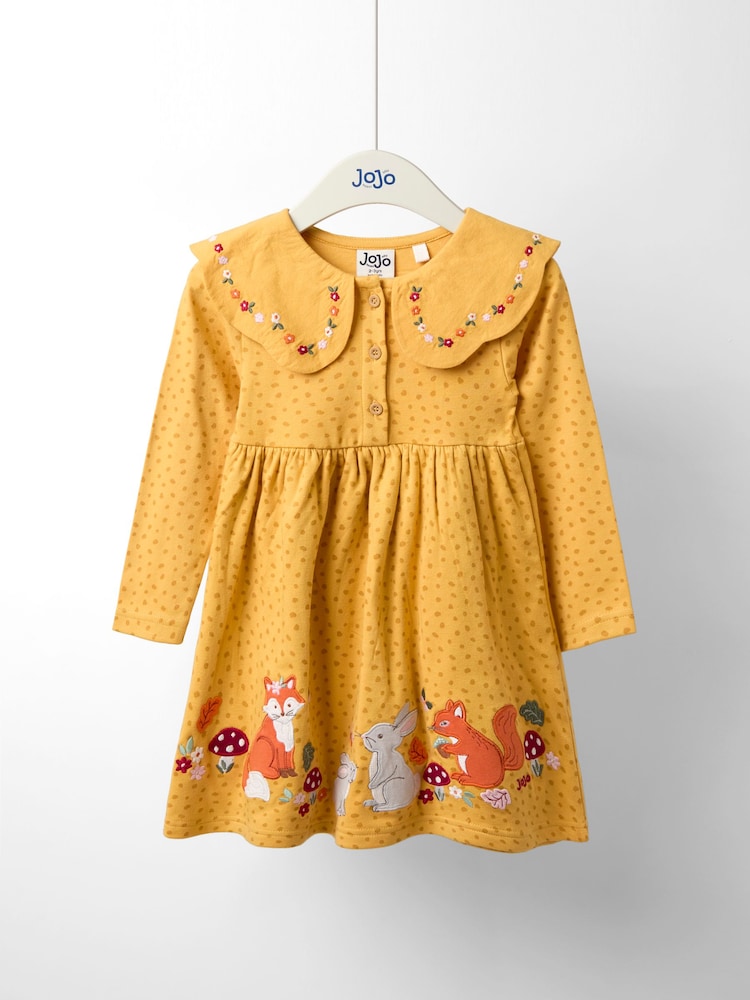 JoJo Maman Bébé Mustard Yellow Woodland Friends Oversized Collar Appliqué Dress - Image 1 of 4 JoJo Maman Bébé Mustard Yellow Woodland Friends Oversized Collar Appliqué Dress - Image 1 of 4