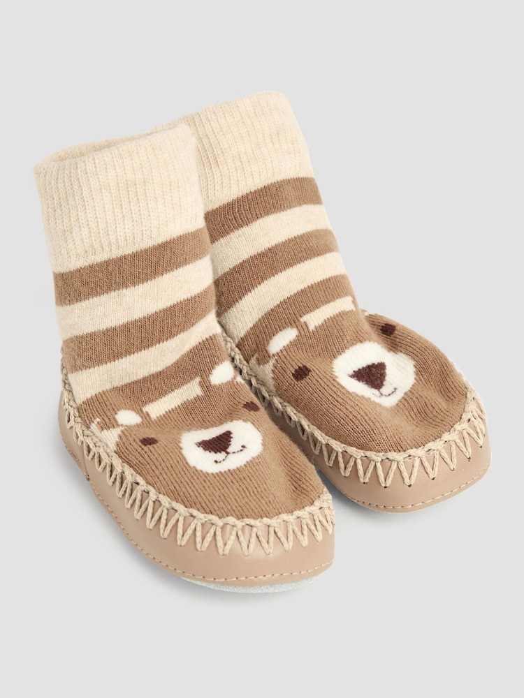 JoJo Maman Bébé Mocha Bear Moccasin Slipper Socks - Image 1 of 3