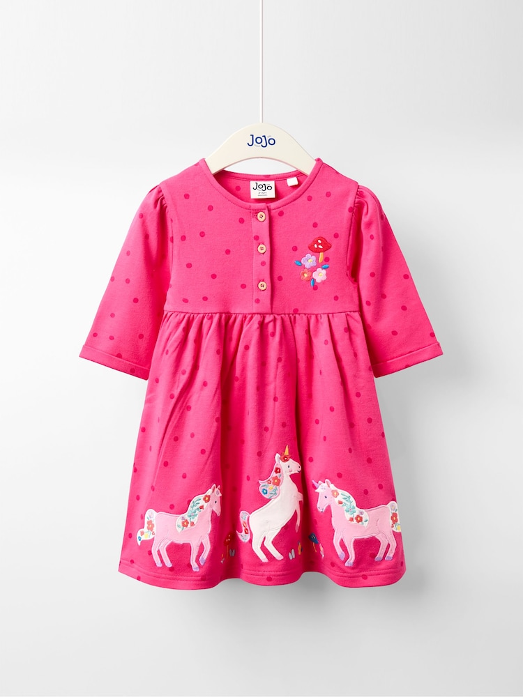 JoJo Maman Bébé Fucshia Pink Unicron Button Front Appliqué Dress - Image 1 of 4 JoJo Maman Bébé Fucshia Pink Unicron Button Front Appliqué Dress - Image 1 of 4