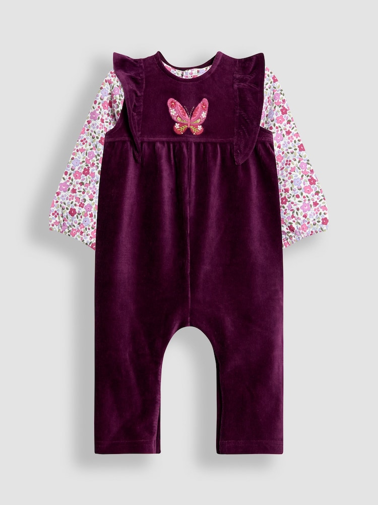 JoJo Maman Bébé Purple Appliqué Velour Dungarees & Top Set - Image 1 of 6