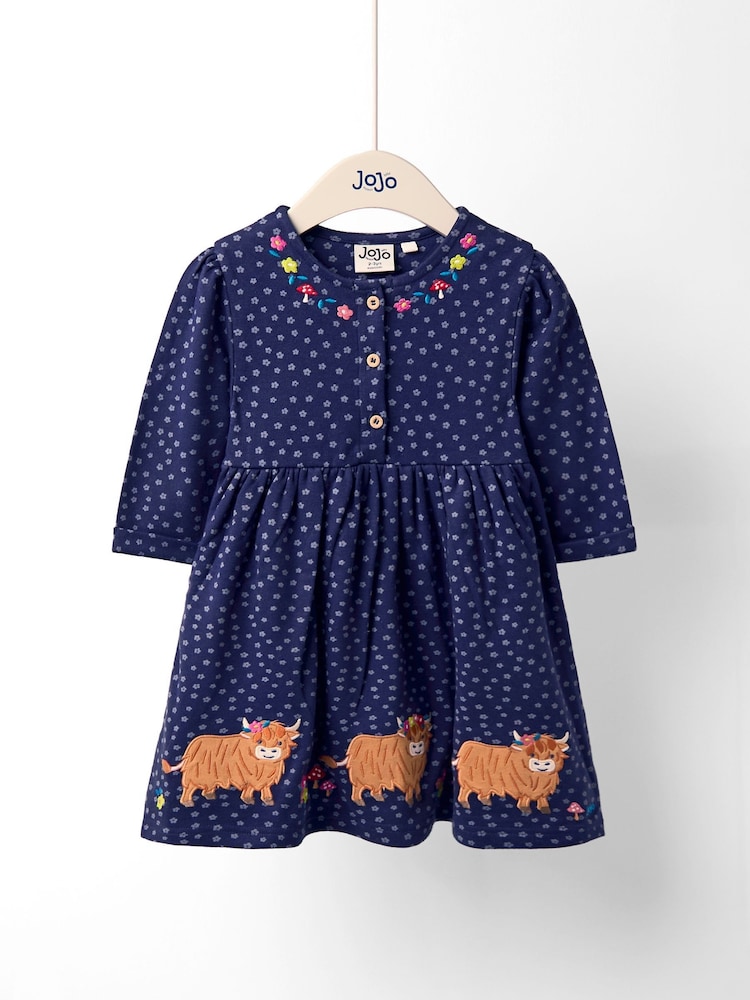 JoJo Maman Bébé Blue Dark Ladybird And Bee Applique Button Front Dress - Image 1 of 4