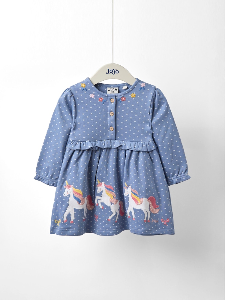 JoJo Maman Bébé Cornflower Blue Unicorn Button Front Appliqué Dress - Image 1 of 4 JoJo Maman Bébé Cornflower Blue Unicorn Button Front Appliqué Dress - Image 1 of 4
