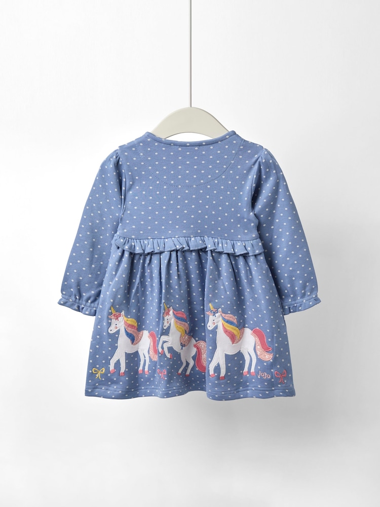 JoJo Maman Bébé Cornflower Blue Unicorn Button Front Appliqué Dress - Image 2 of 4 JoJo Maman Bébé Cornflower Blue Unicorn Button Front Appliqué Dress - Image 2 of 4