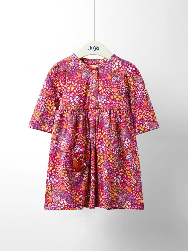 وردي - JoJo Maman Bébé Button Front Printed Pet In Pocket Dress - صورة 1 من 3