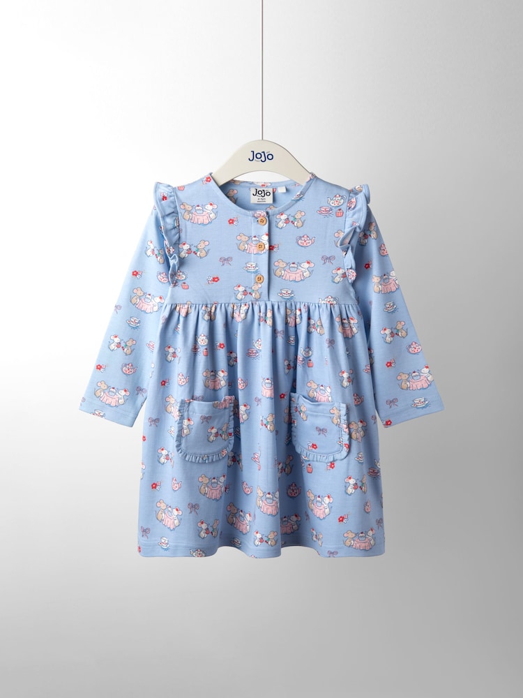 JoJo Maman Bébé Blue Mouse Tea Party Frill Shoulder Printed Pet In Pocket Dress - Image 1 of 5 JoJo Maman Bébé Blue Mouse Tea Party Frill Shoulder Printed Pet In Pocket Dress - Image 1 of 5