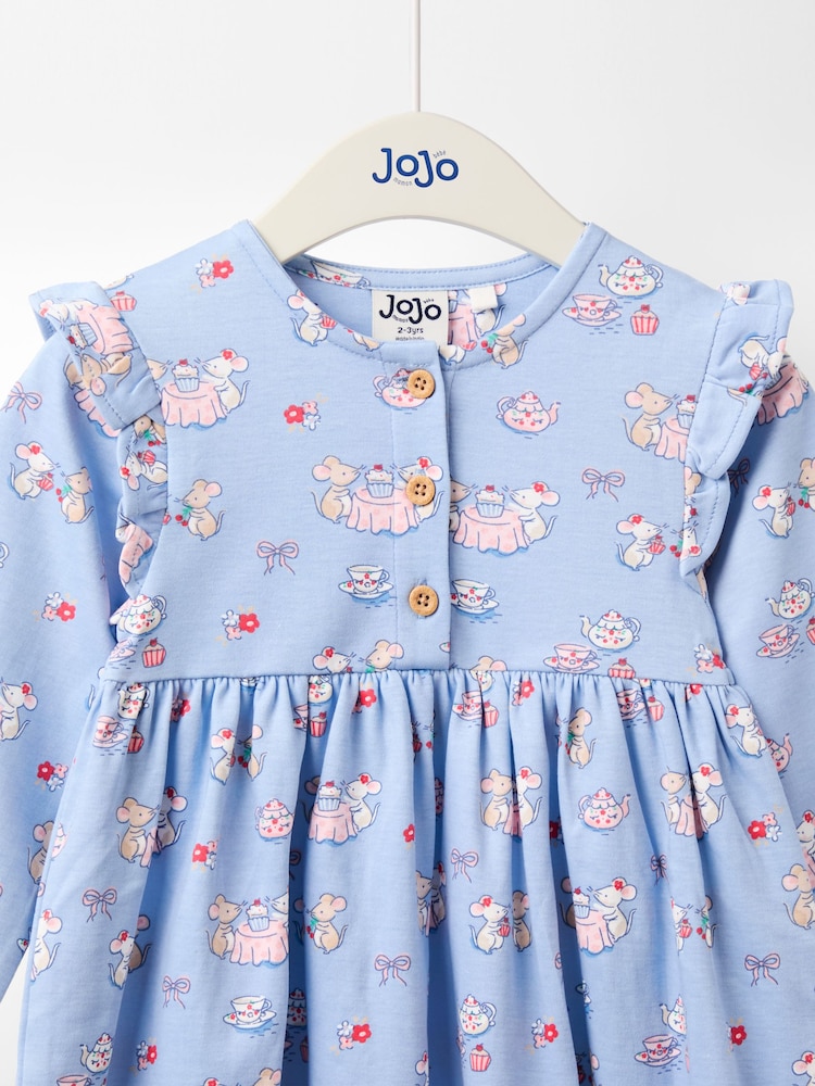 JoJo Maman Bébé Blue Mouse Tea Party Button Front Frill Dress - Image 3 of 3