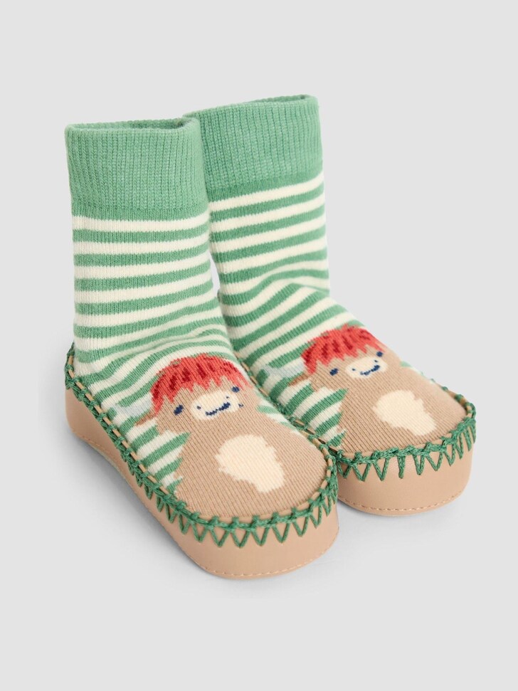 JoJo Maman Bébé Green Highland Cow Moccasin Slipper Socks