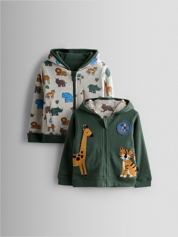 JoJo Maman Bébé Khaki Green Safari Appliqué Reversible Hoodie - Image 1 of 12