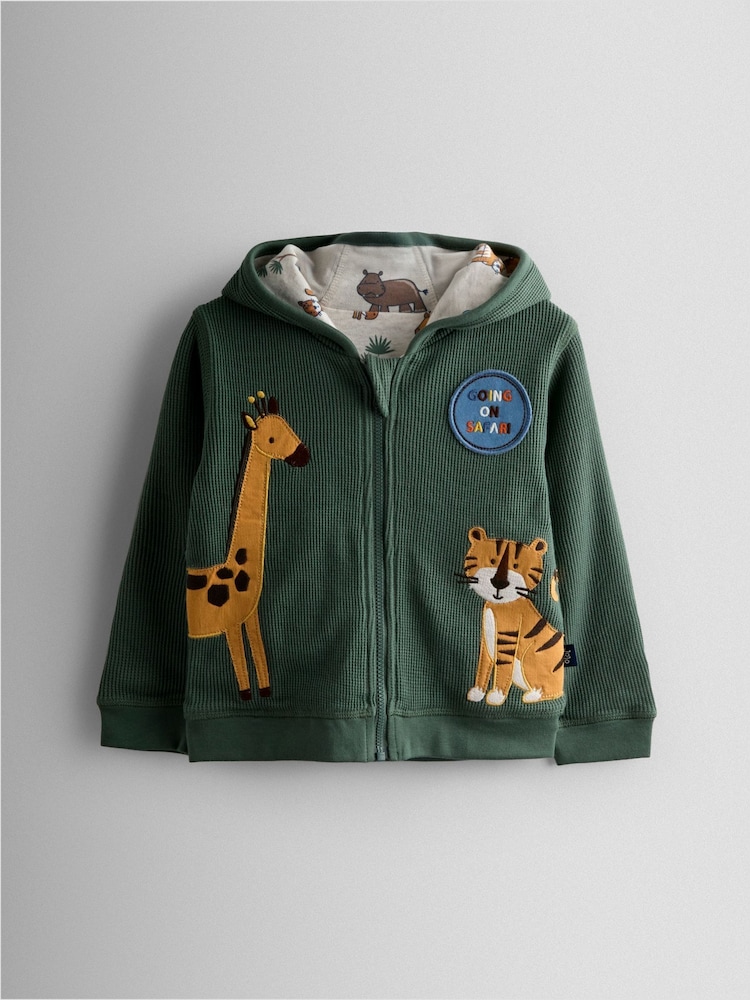 JoJo Maman Bébé Khaki Green Safari Appliqué Reversible Hoodie - Image 2 of 12