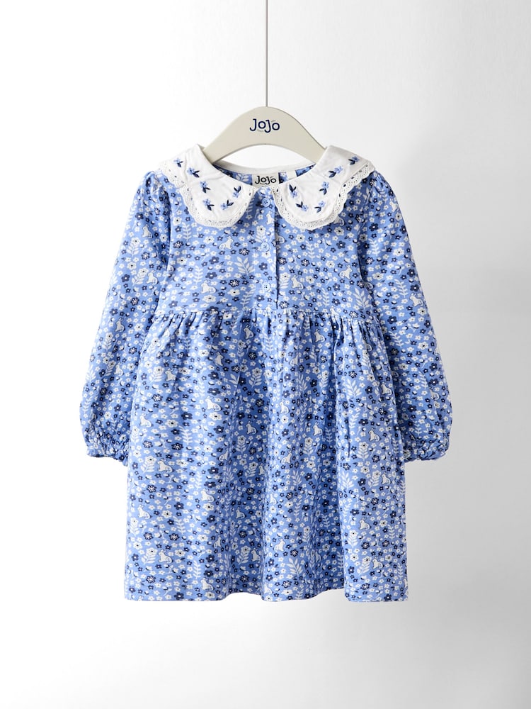 JoJo Maman Bébé Blue Embroidered Collar Button Front Dress - Image 1 of 4