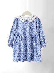 JoJo Maman Bébé Blue Embroidered Collar Button Front Dress - Image 2 of 4