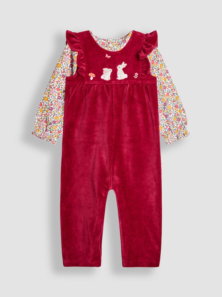 JoJo Maman Bébé Berry Bunny Appliqué Velour Dungarees & Top Set - Image 1 of 6 JoJo Maman Bébé Berry Bunny Appliqué Velour Dungarees & Top Set - Image 1 of 6