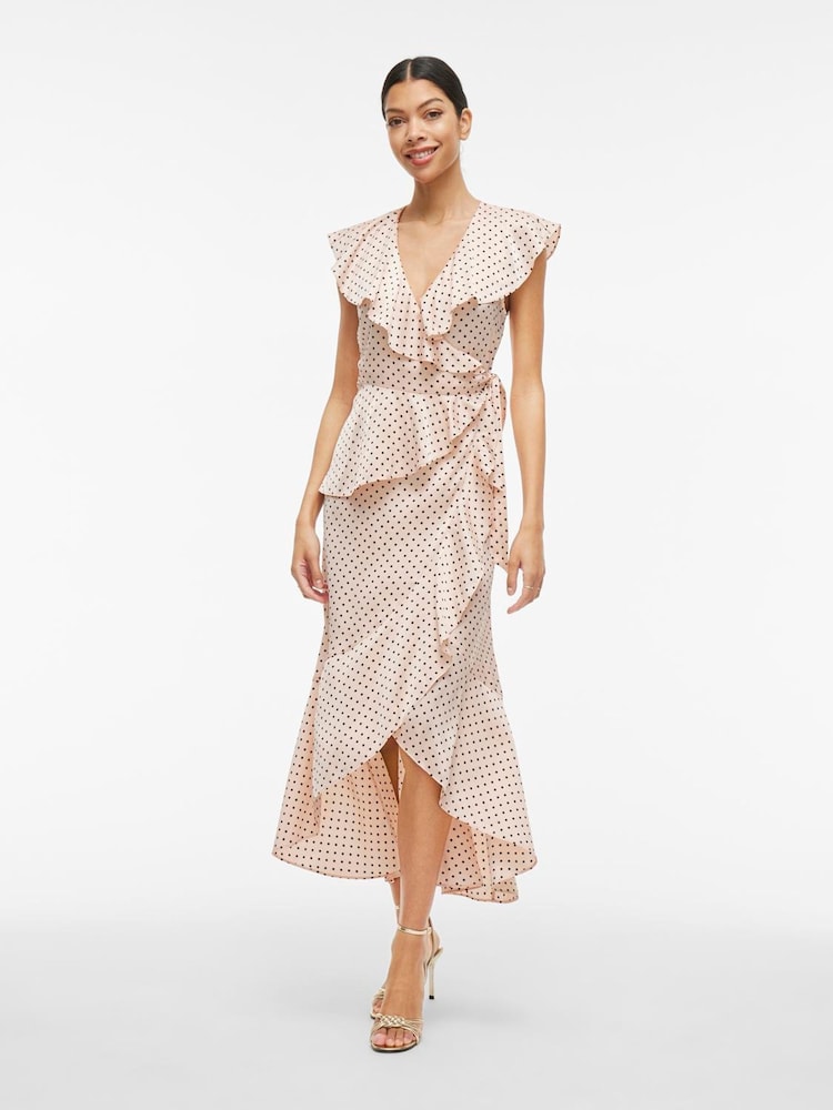 VILA Pink Spot Print Satin Frill Wrap Ankle Dress - Image 1 of 4 VILA Pink Spot Print Satin Frill Wrap Ankle Dress - Image 1 of 4