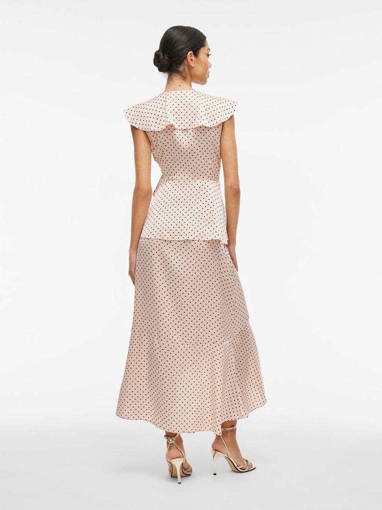 VILA Pink Spot Print Satin Frill Wrap Ankle Dress - Image 2 of 4 VILA Pink Spot Print Satin Frill Wrap Ankle Dress - Image 2 of 4